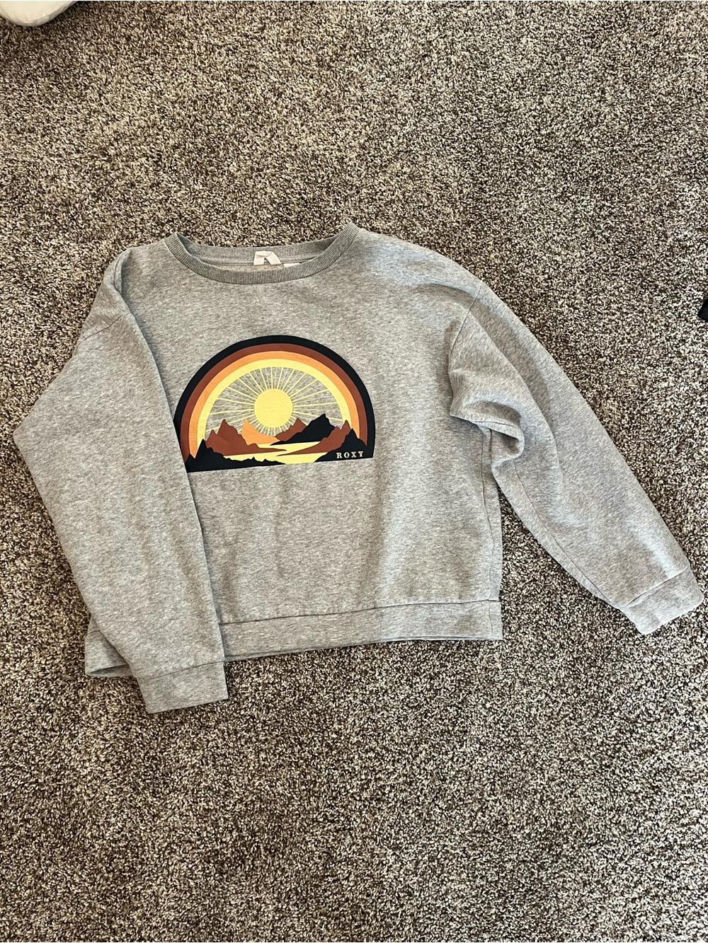 Roxy Gray Crewneck Sweatshirt with Sunset Mountain Graphic